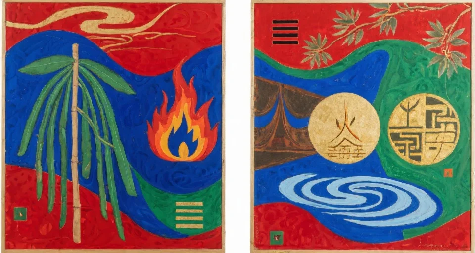 一副以红、蓝、绿色彩为主，融入五行（木、火、土、金、水）象征元素的中国风抽象艺术画